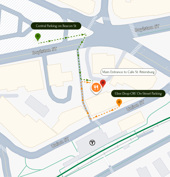 Directions to Cafe St. Petersburg — showing Central Parking on Beacon St, Main Entrance, and Uber Drop-Off on Union St