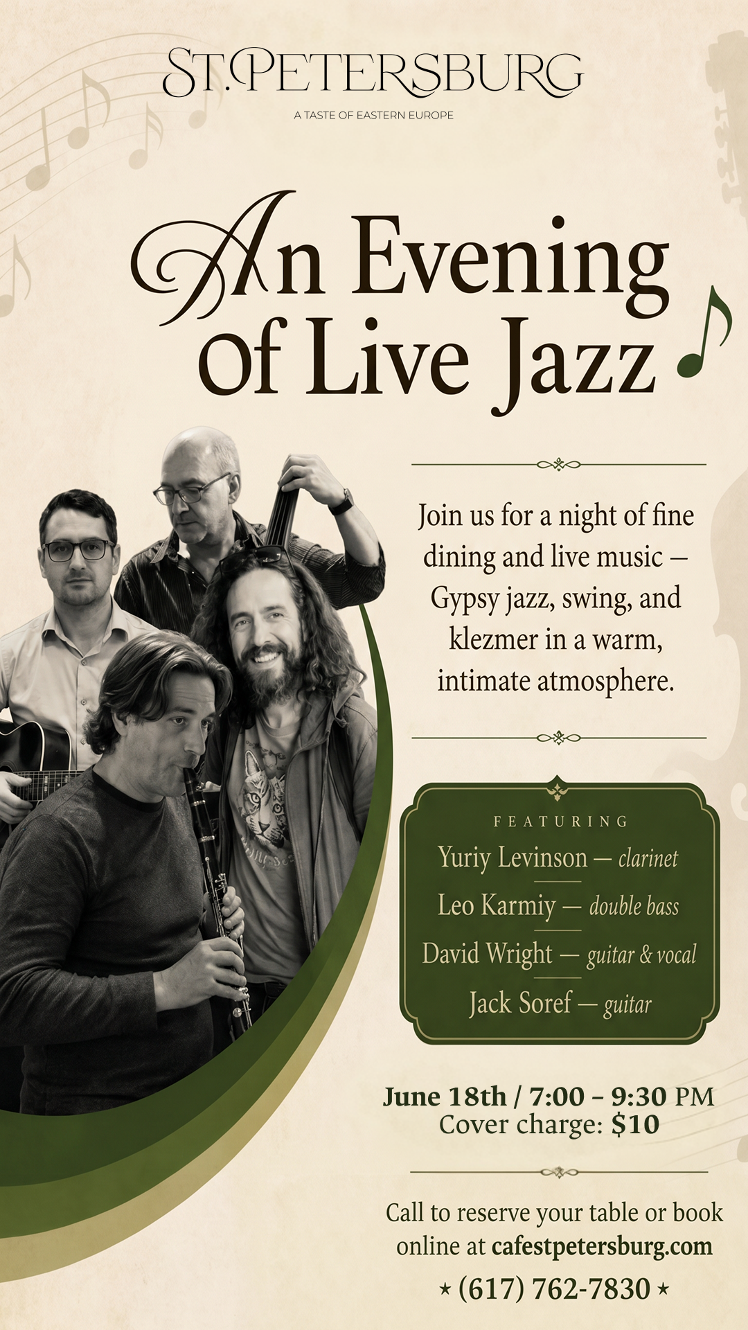 An Evening of Live Jazz featuring Gypsy jazz, swing, and klezmer at Cafe St. Petersburg